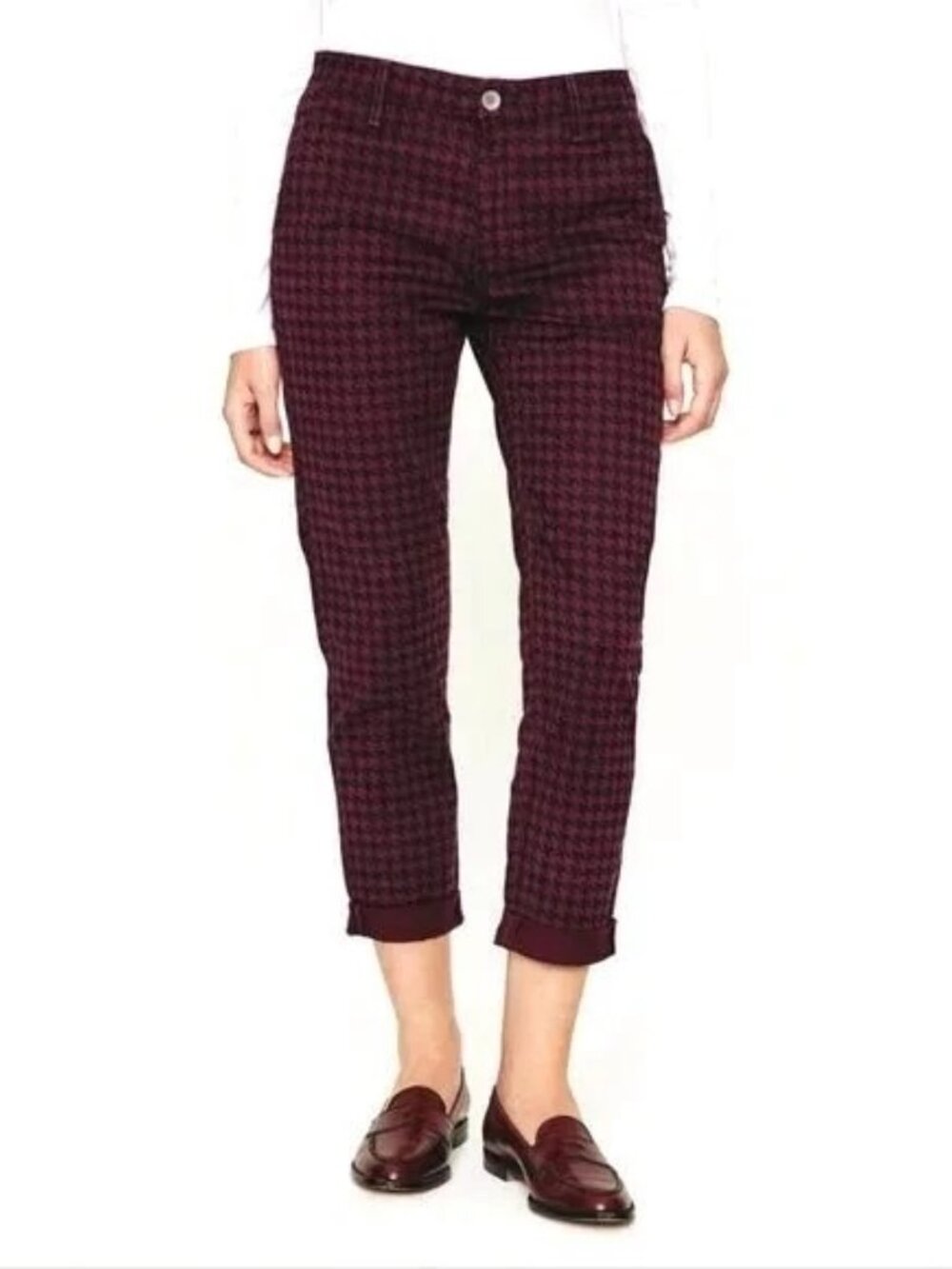 New AG CADEN Tailored Trouser Mid Rise Slim Crop Pants Geometric Black Wine 27